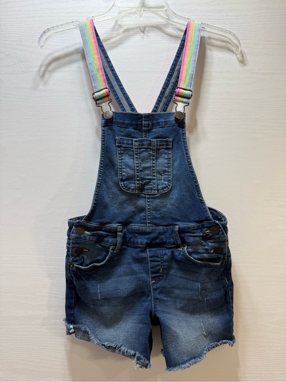 Justice Denim Short Overalls with Rainbow Straps